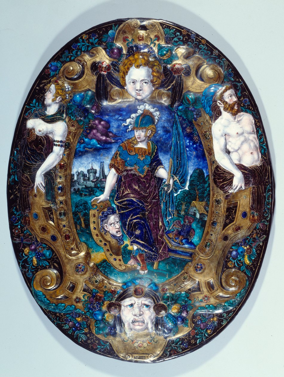Malet emaljebakke, der repræsenterer Minerve på landskabsbaggrund skabt af Jean Court dit Vigier (1500-tallet) (maler enamailleur på LIMOGES) Paris, Louvre Museum af Jean de Court