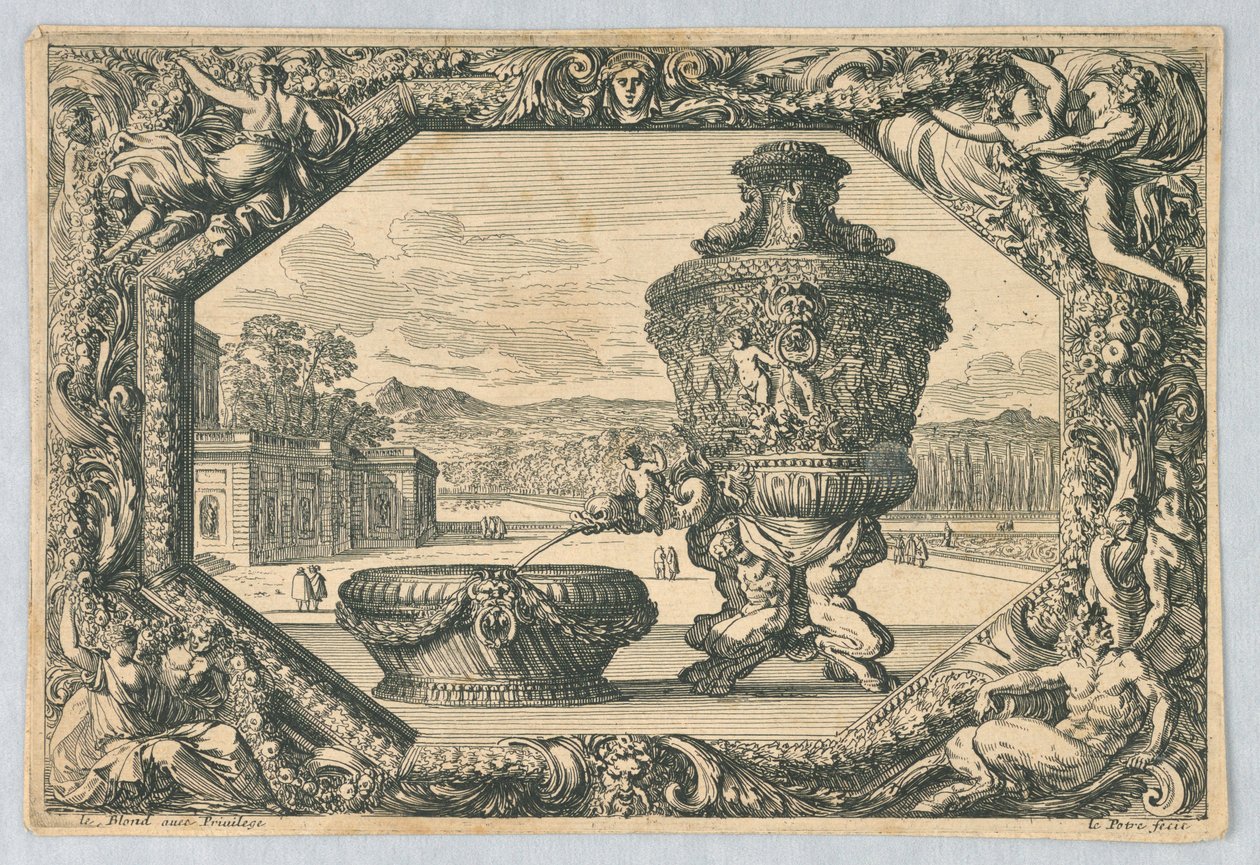 En urne og skål i Eschutcheon, fra "Fountains, Bowls and Cartridges" af Jean le Pautre
