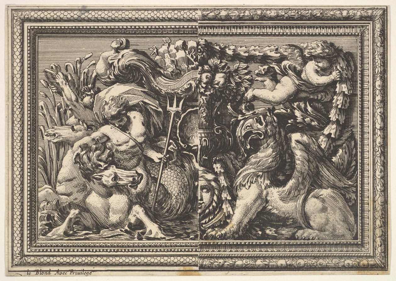 Design til et panel med to varianter indeholdende en Hippocamp og en Griffin, fra: Ornements..., 1651. af Jean le Pautre