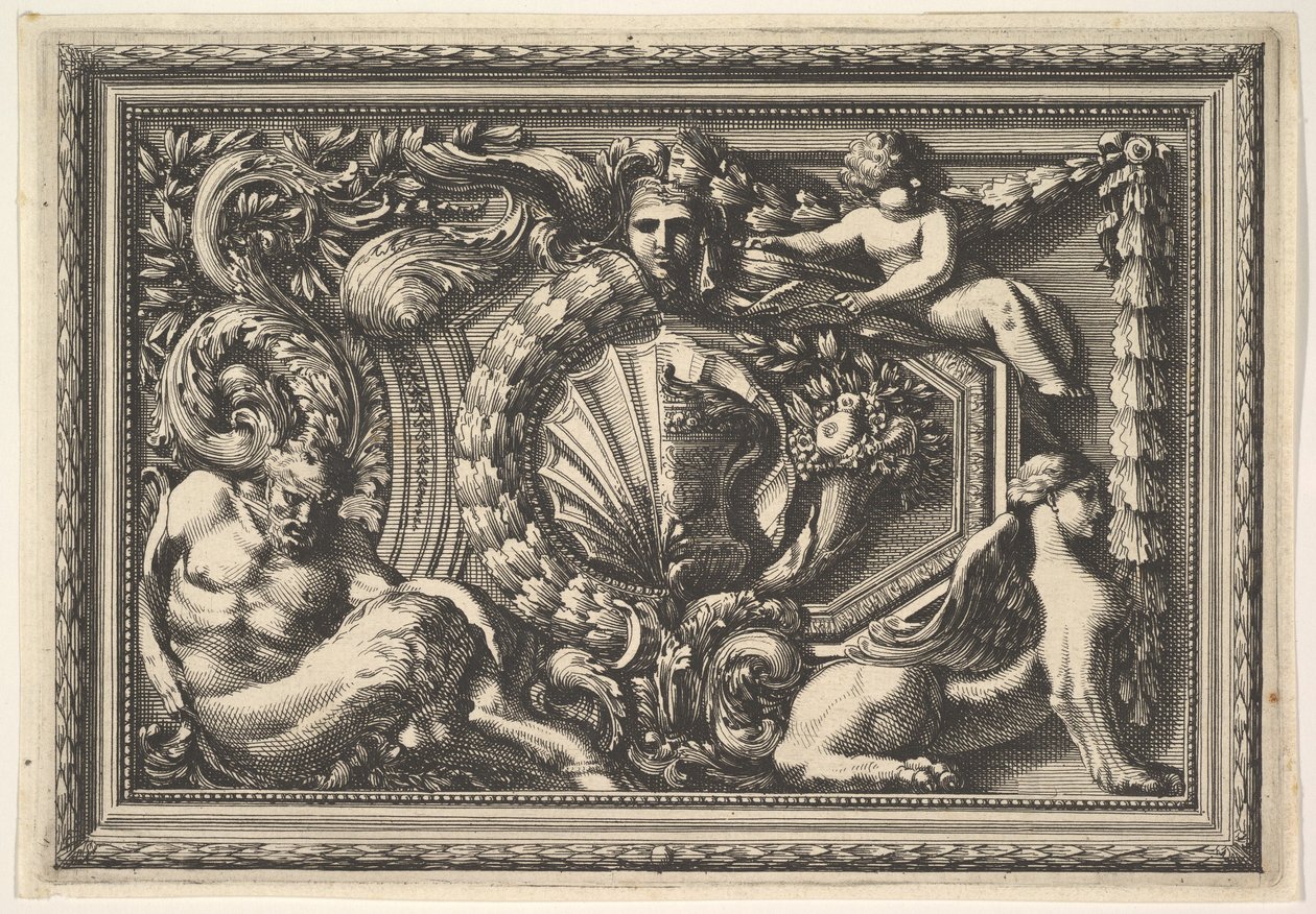 Design til et panel med to varianter indeholdende en Satyr og en Sphynx, fra: Pannea..., 1600-tallet. af Jean le Pautre