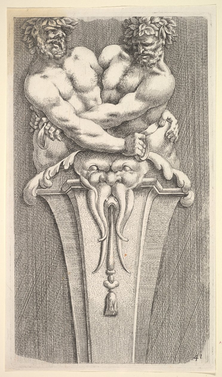 Design til en periode med to bacchiske figurer, fra: Curieuses Recherches de Several Beaus..., 1645. af Jean le Pautre