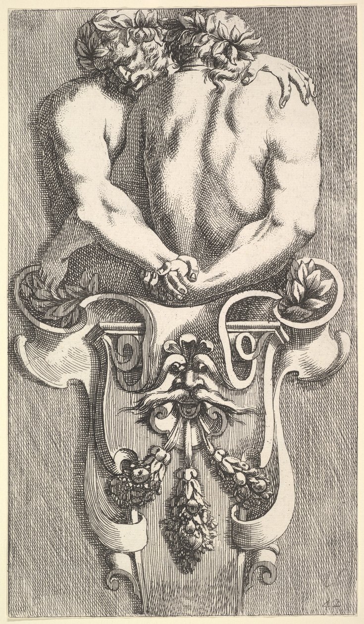 Design til en periode med to omfavnende satyrer, fra: Curieuses Recherches de Several Beaus..., 1645. af Jean le Pautre