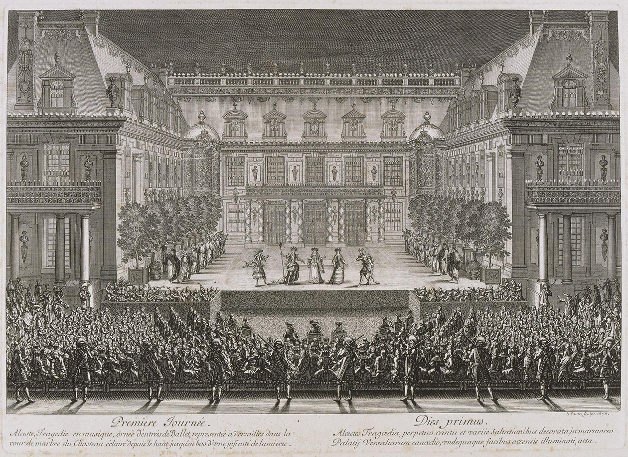 Jean-Baptiste Lullys opera Alceste opføres i marmorgården ved Versails palads af Jean le Pautre
