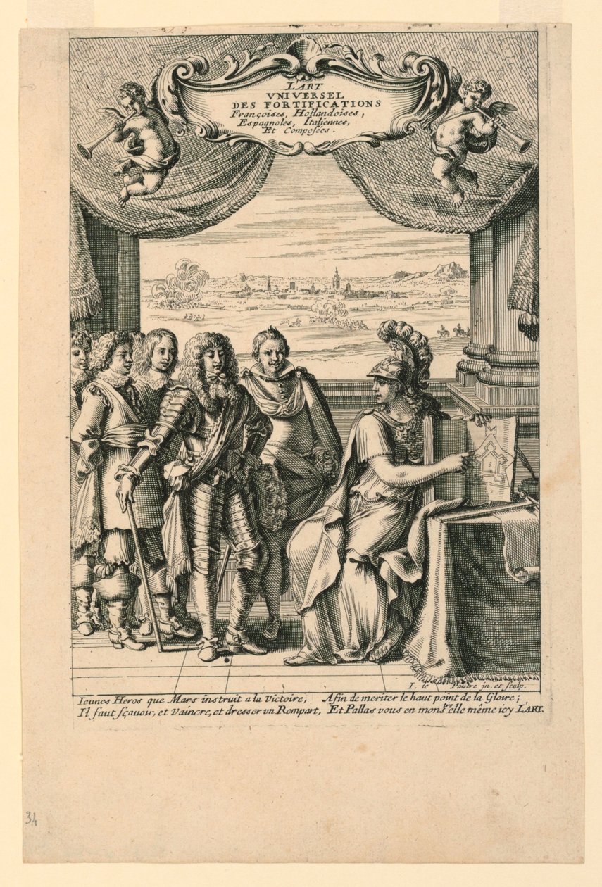 Titelside fra "Den universelle kunst af franske, hollandske, spanske, italienske og sammensatte befæstninger" af Jean le Pautre