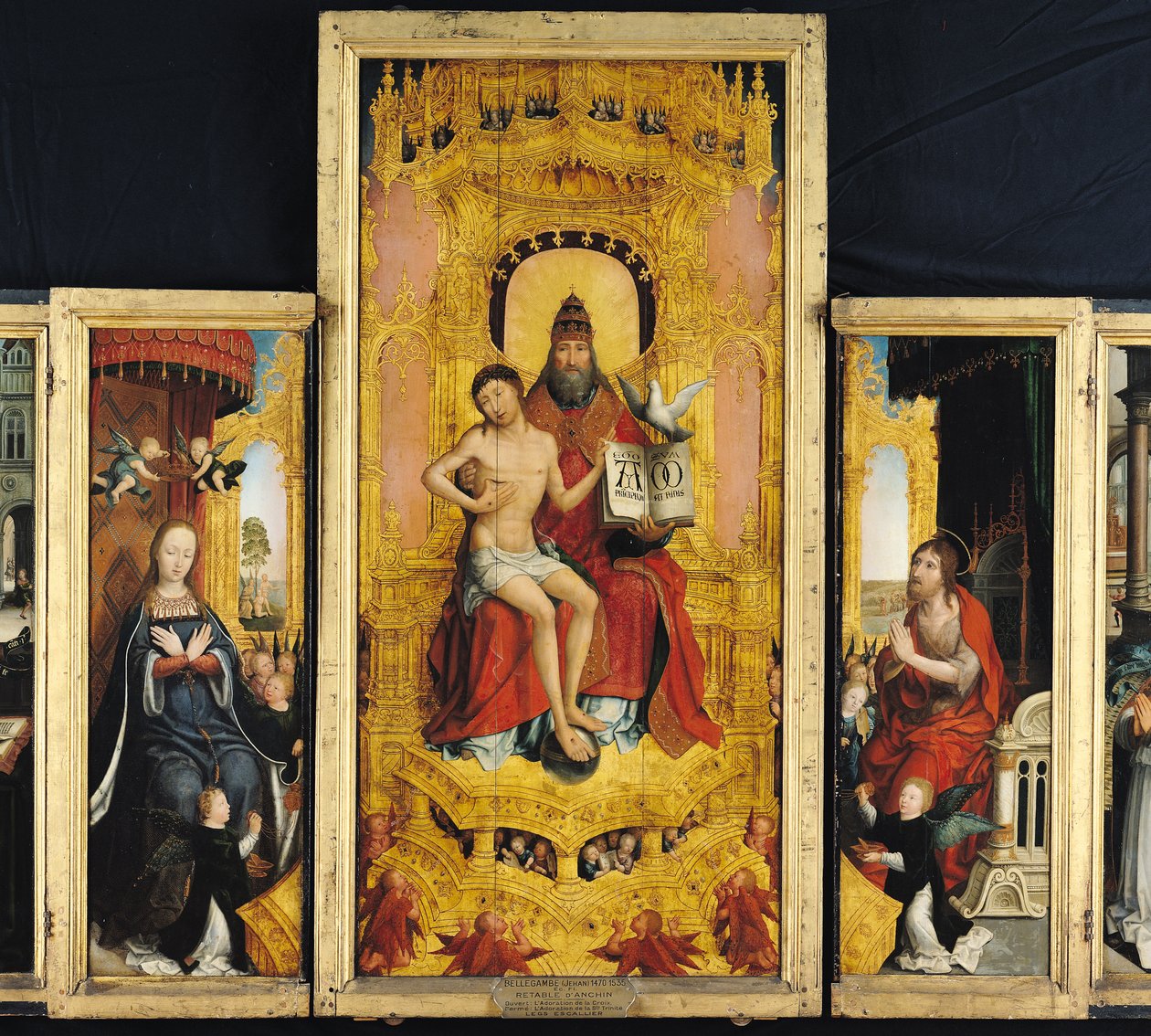 Polyptykon om forherligelsen af den hellige treenighed, centralt panel, der viser treenigheden, jomfruen og Johannes Døberen, ca. 1509-16 af Jean the Elder Bellegambe