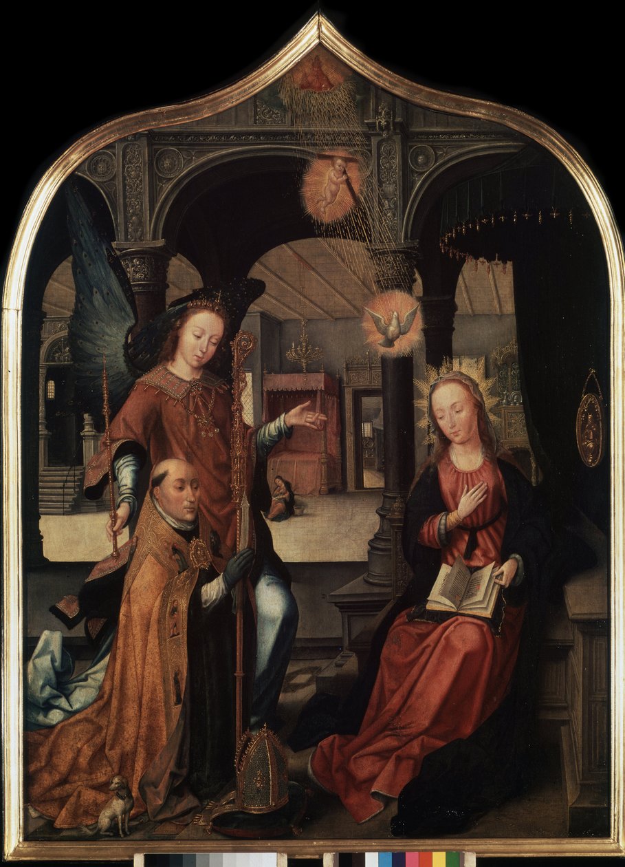 ""repræsentation af bebudelsen med skytshelgen Guillaume af Bruxelles"" Centralpanel i bebudelsens triptykon (Bebudelsen). Maleri på træ af Jean Bellegambe den ældre (1470-1534) Sankt Petersborg, Eremitagemuseet af Jean the Elder Bellegambe
