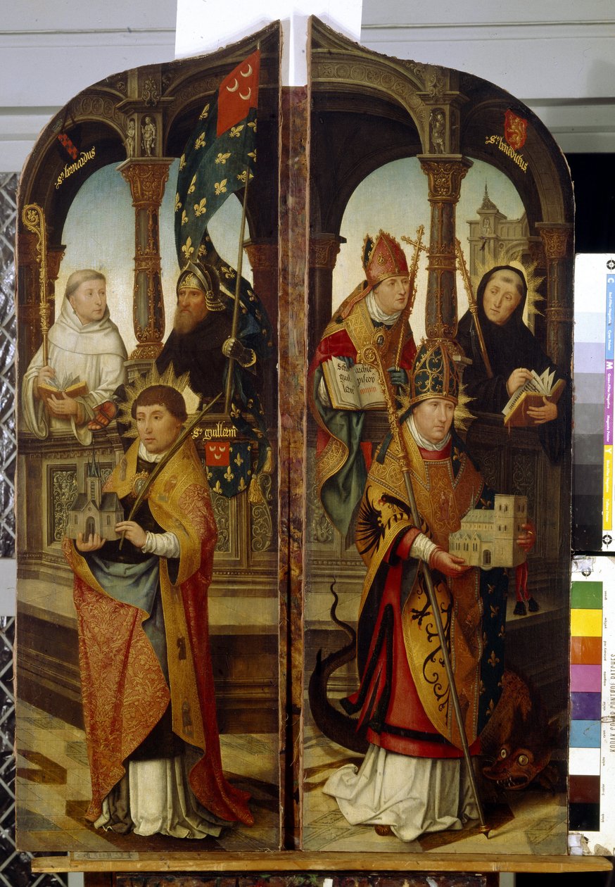Sankt Trond og Sankt Guillaume. Faste paneler af en triptykon (Saint Trudo og Saint Guillaume. Triptykonens to sidepaneler). Maleri af Jean (Jehan) Bellegambe (Belgamb, Belgand) (1470-1534), olie på lærred af Jean the Elder Bellegambe