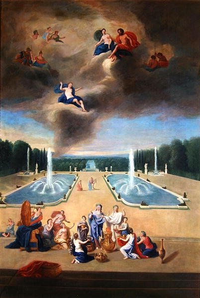 Groves of Versailles. Udsigt over vandparterren og dyreskabene, med præstinder, der forbereder et offer til Venus af Jean the Younger Cotelle