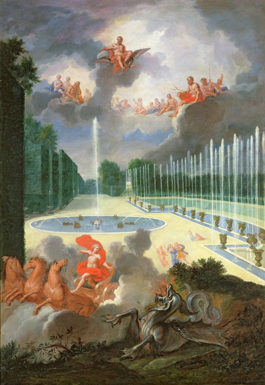 Groves of Versailles. Udsigt over Dragon Pool og Pool of Neptun, med Apollo, der dræber Python af Jean the Younger Cotelle
