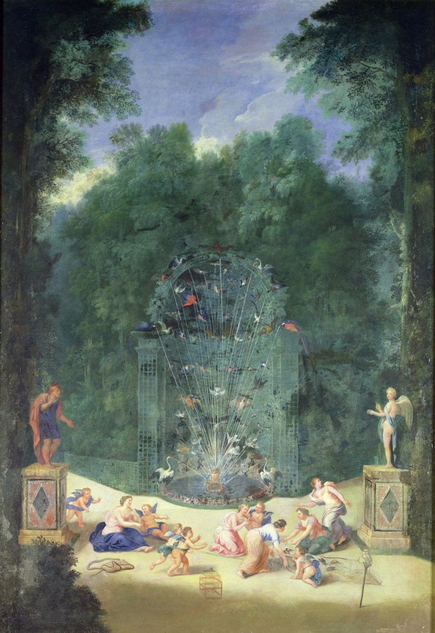 The Groves of Versailles: Udsigt over indgangen til labyrinten med fugle, nymfer og keruber, 1688 af Jean the Younger Cotelle