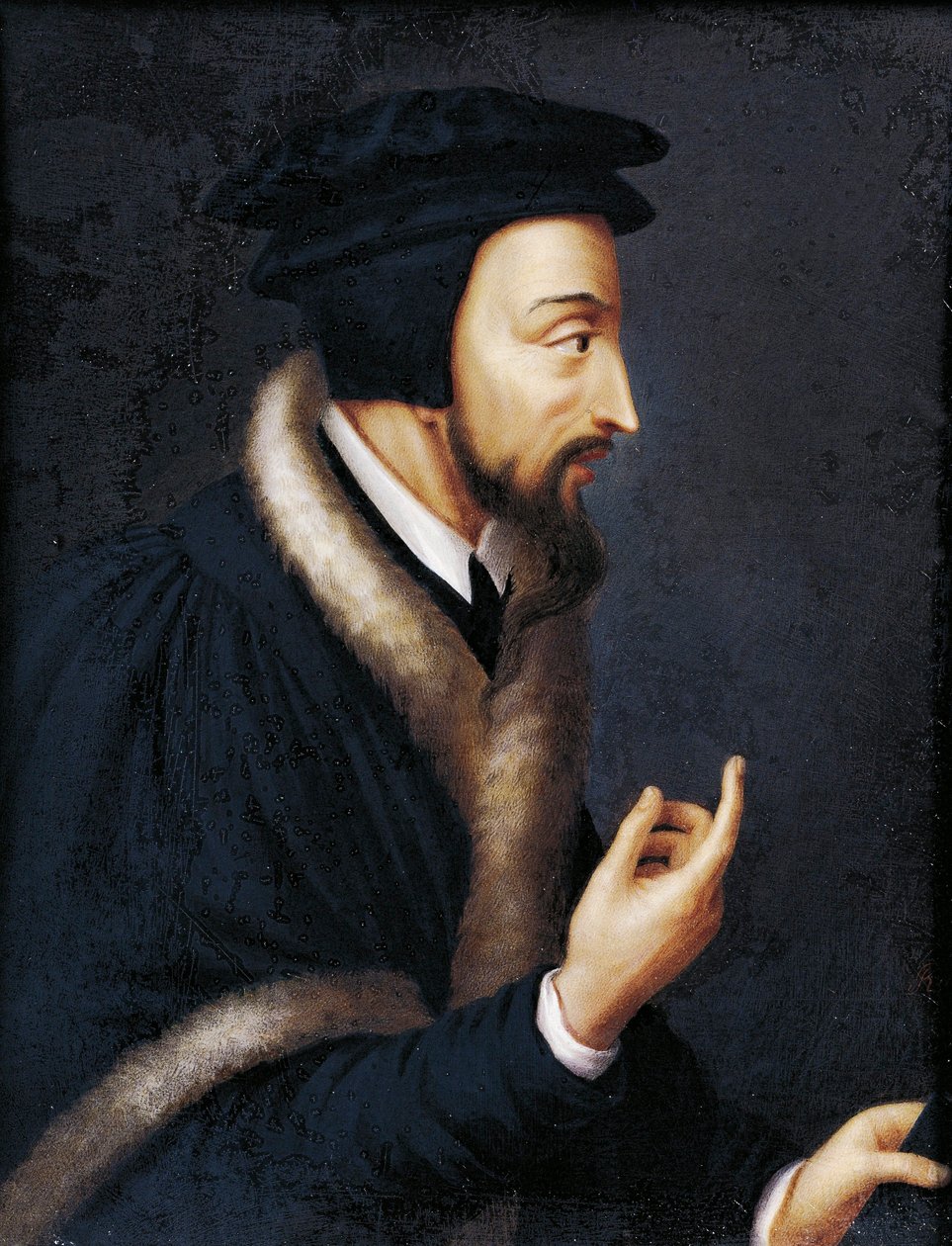 Portræt af John Calvin, fransk teolog og religiøs reformator, Miniature af Jeanne Henriette Rath