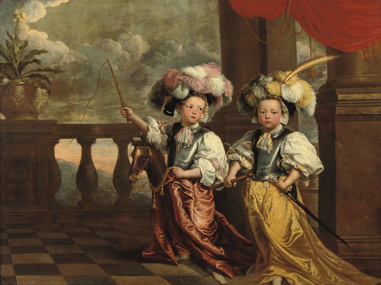 Et dobbeltportræt af to drenge i fuld længde, klædt som riddere, den ene med en fløjte, den anden på en hobbyhest med en pisk, begge stående på en balkon, 1668 af Jeanne Vergouwen