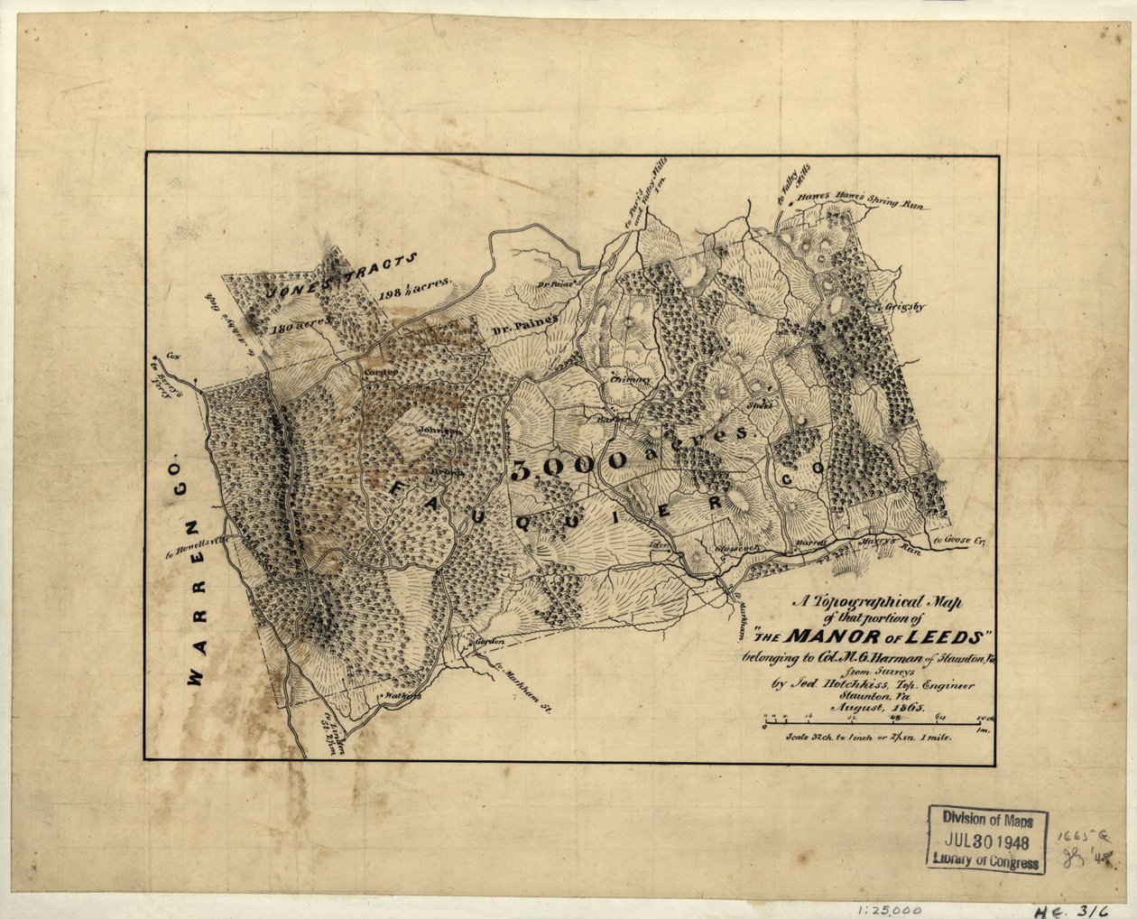 Et topografisk kort over den del af "The Manor of Leeds", der tilhører oberst M.G. Harman fra Staunton, Va. LOC 2005625200 af Jedediah Hotchkiss