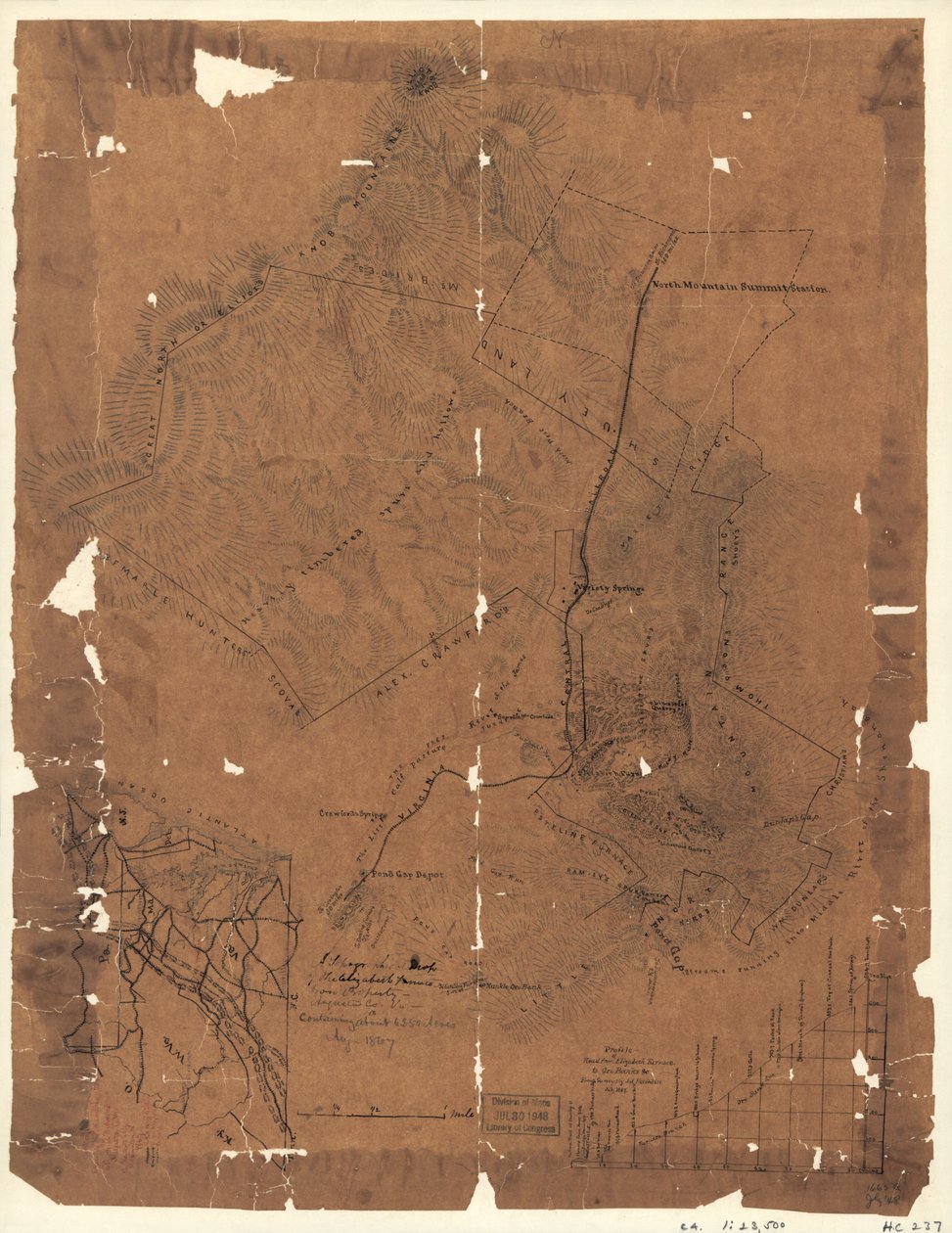 Et topografisk kort over Elizabeth Furnace-jernområdet, Augusta Co., Va., med ca. 6250 acres, aug. 1867. LOC 2005625144 af Jedediah Hotchkiss
