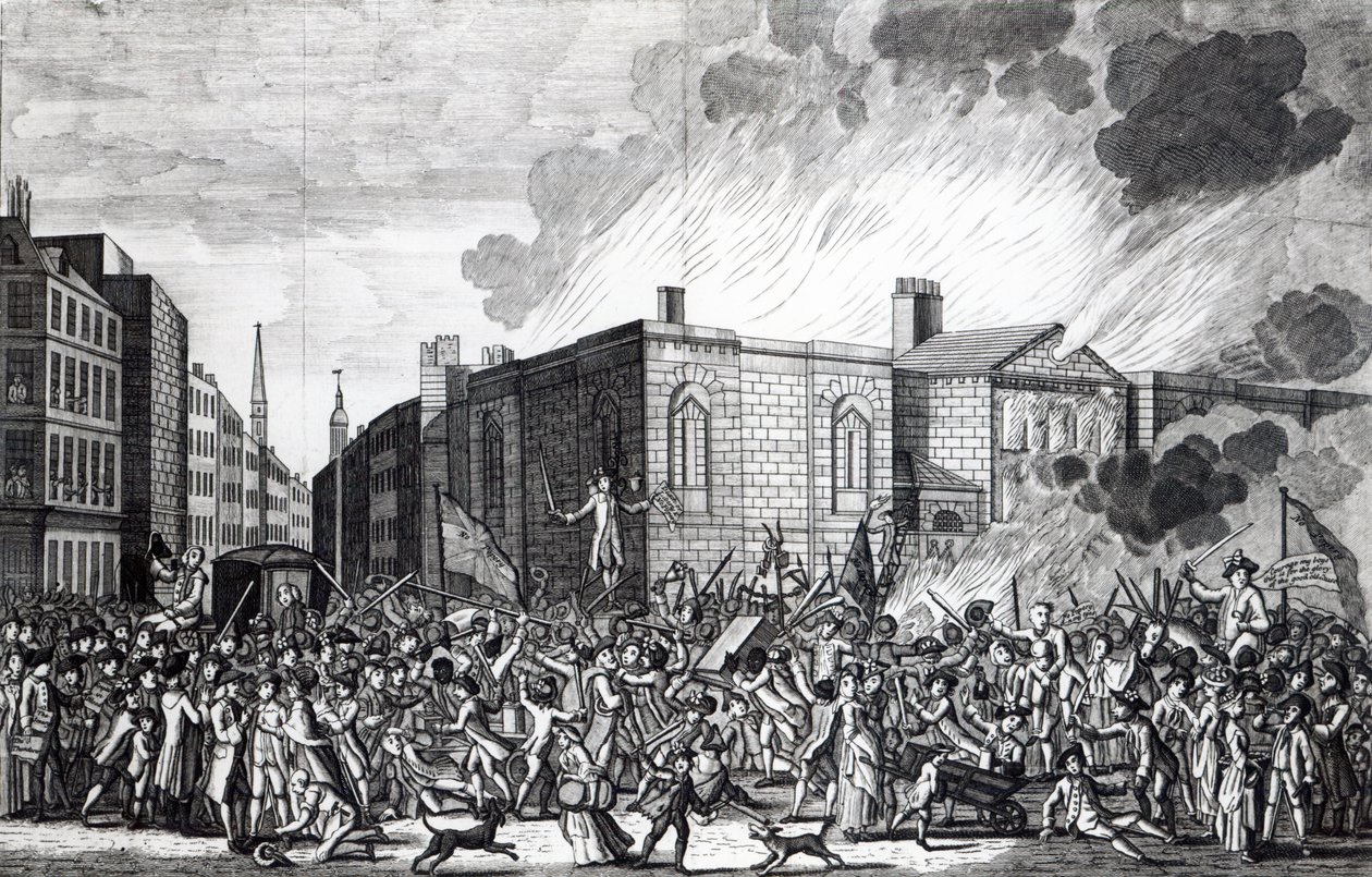 En nøjagtig gengivelse af oprørernes afbrænding, plyndring og ødelæggelse af Newgate den mindeværdige 7. juni 1780, indgraveret af Henry Roberts, 1781 af Jefferyes Hammett O