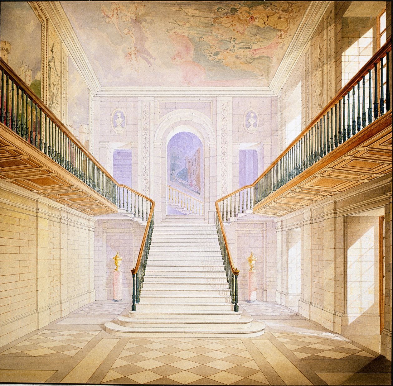 Design til en trappe i Painted Hall, Chatsworth (akvarel på papir) af Jeffry Wyatville