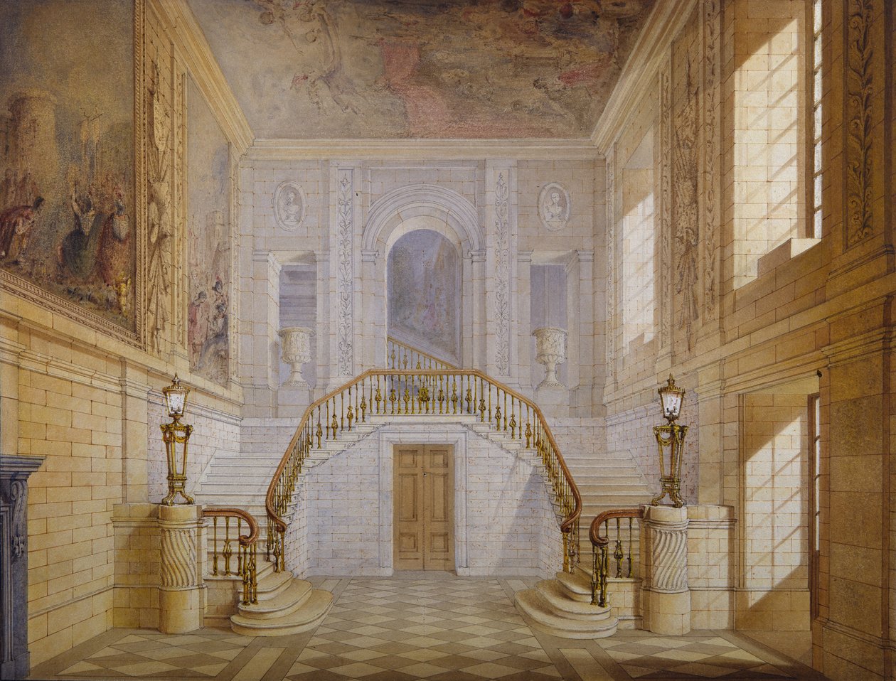 Design til en trappe i Painted Hall, Chatsworth (akvarel på papir) af Jeffry Wyatville