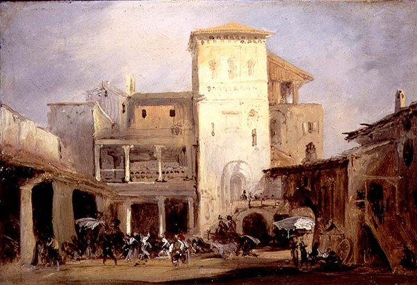Lord Don Pedros hus i Alcala de Henares (olie på kobber) af Jenaro Pérez Villaamil