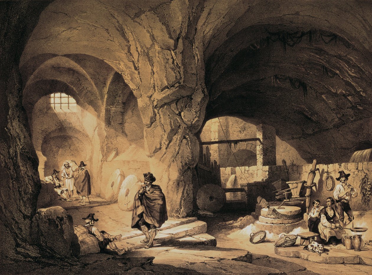 Arabisk mølle "Molinos de la Mina", farvelitografi af Jenaro Pérez Villaamil
