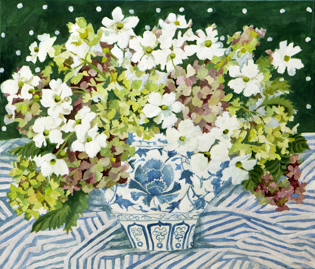 Kosmos og hortensiaer i en kinesisk vase, 2013 (akryl på lærred) af Jennifer Abbott
