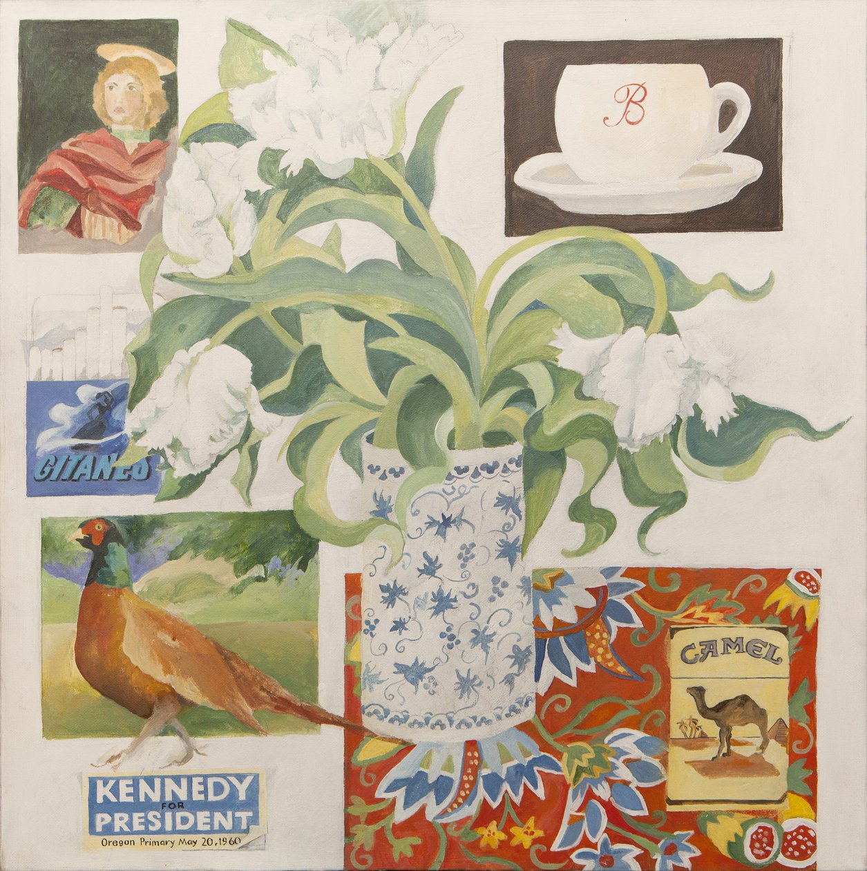 Ephemera, herunder kaffekop, cigaretpakker; postkort og tulipaner af Jennifer Abbott