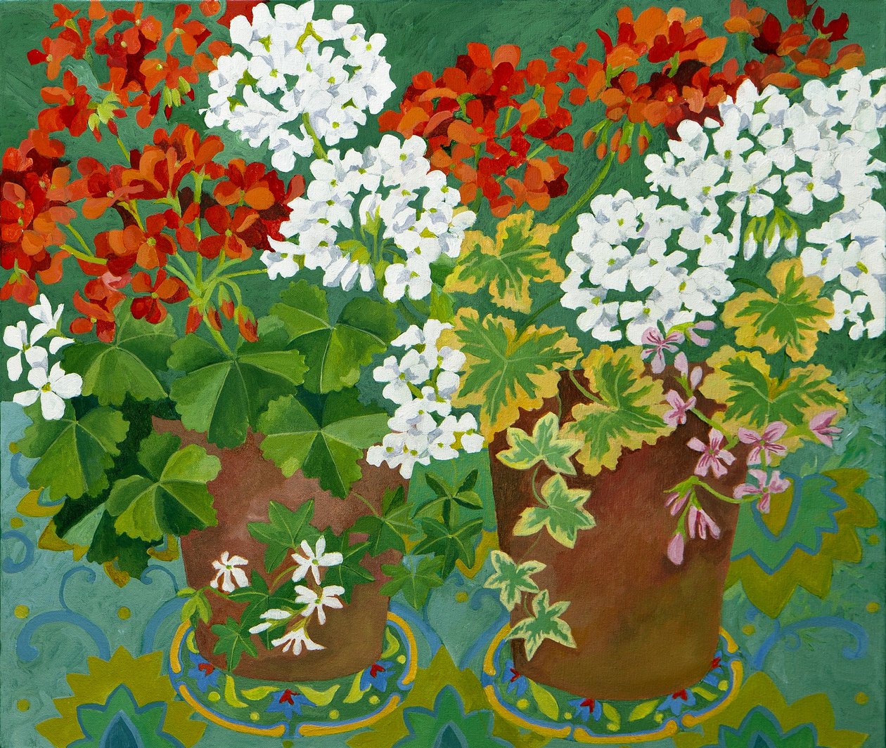 Røde og hvide pelargonier i potter, 2013 (akryl på lærred) af Jennifer Abbott