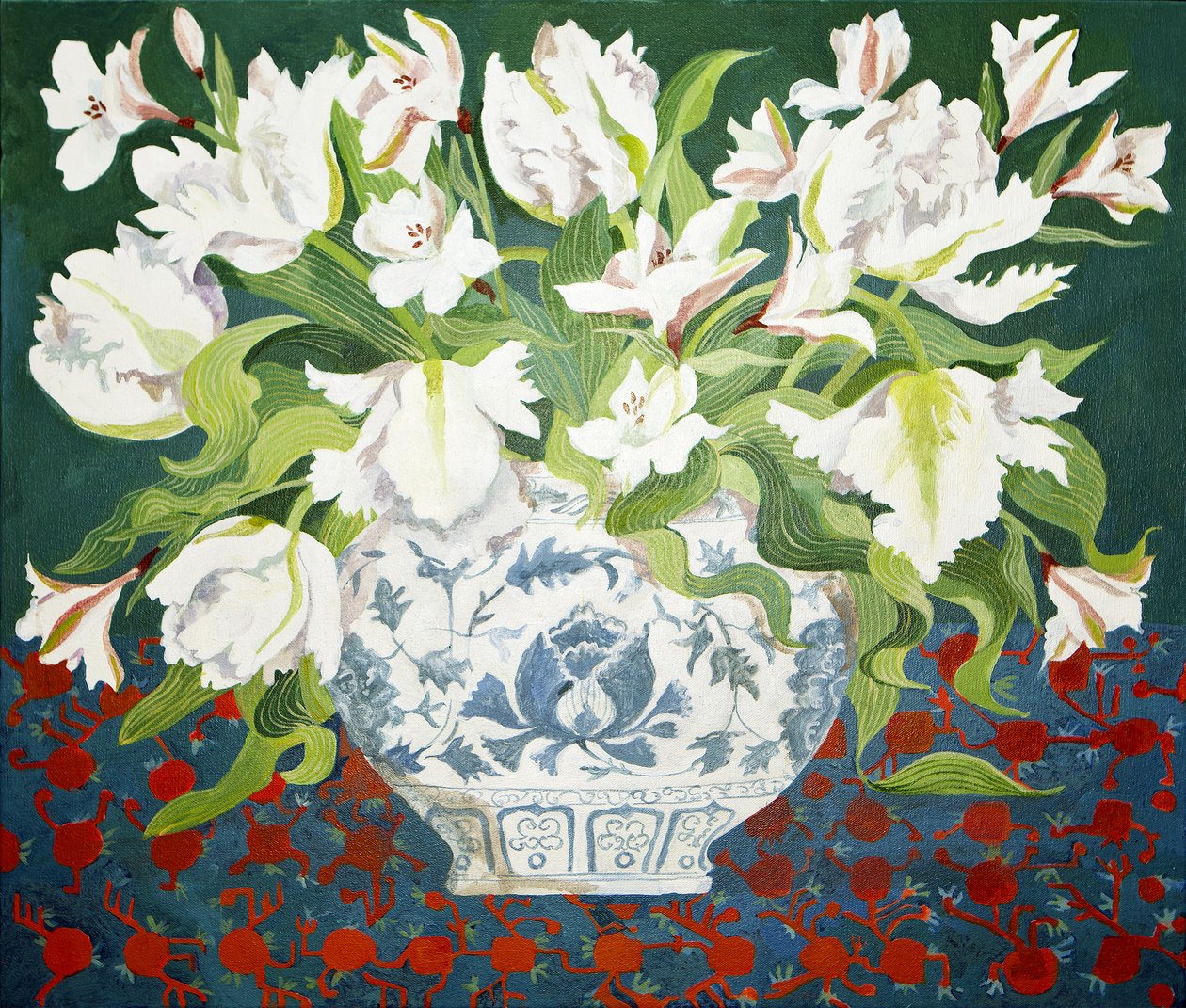 Hvide dobbelte tulipaner og alstroemeria, 2013 (akryl på lærred) af Jennifer Abbott