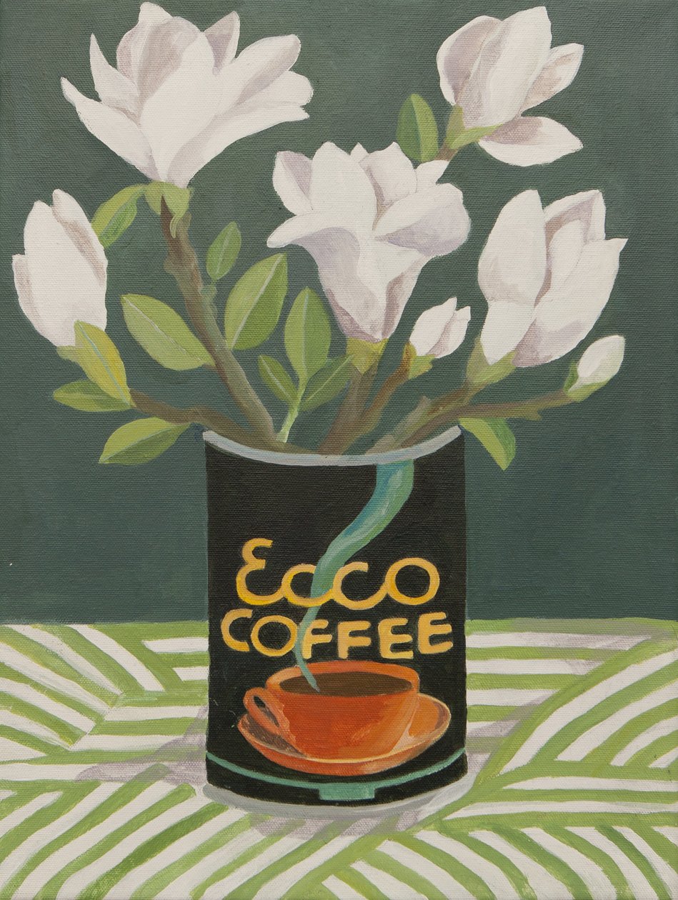 Hvid magnolia i gammel kaffedåse (akryl) af Jennifer Abbott