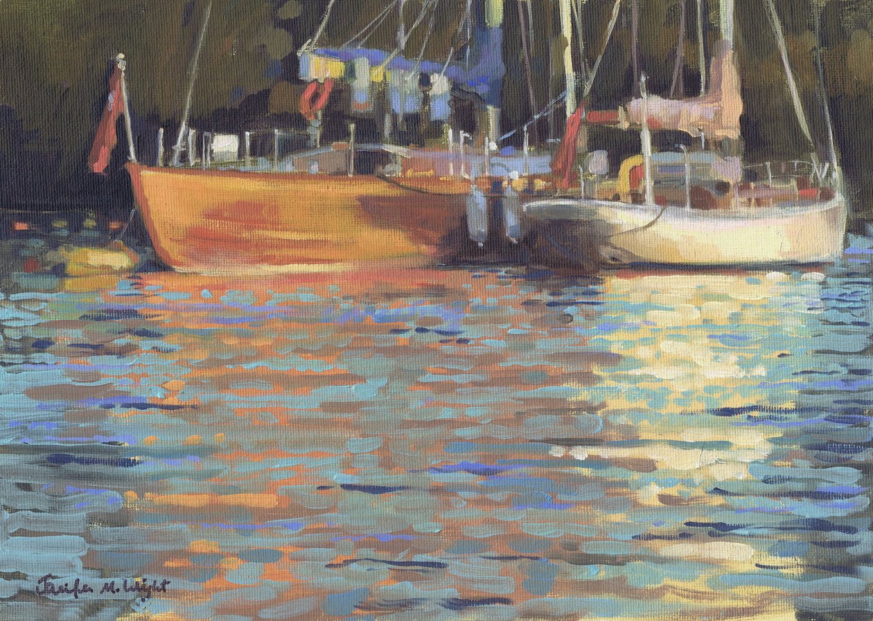 Afternoon Yacht Reflections (olie på lærred) af Jennifer Wright