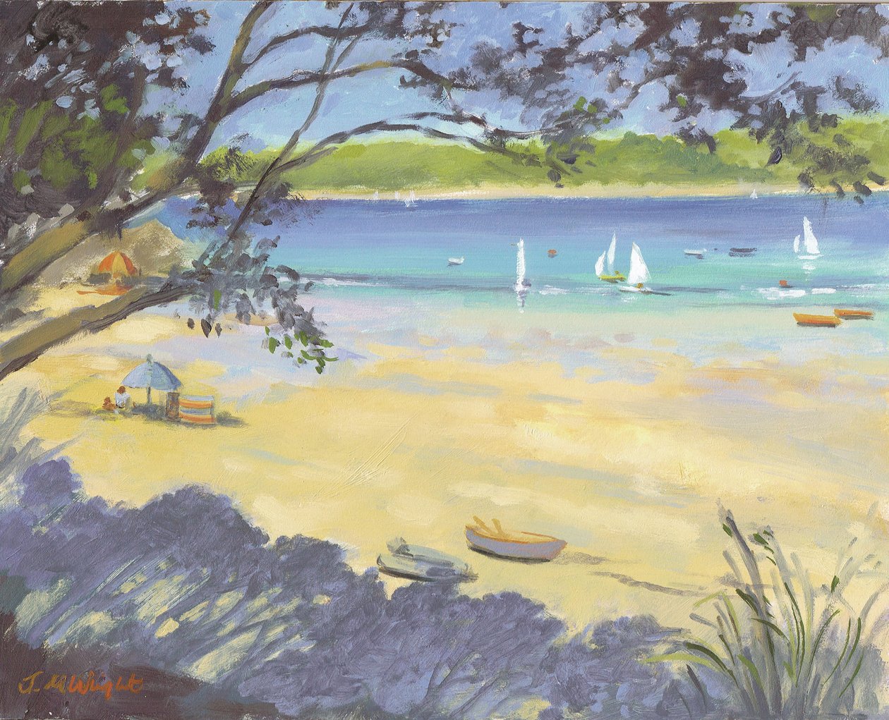 Salcombe Southsands Beach (olie på lærred) af Jennifer Wright