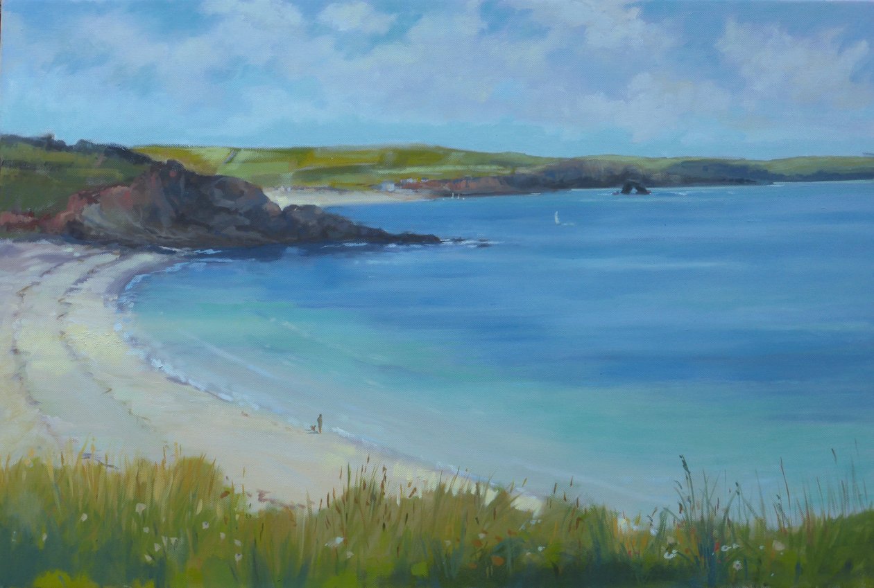 Thurlestone Beach, rolig sommerdag, 2016, olie. af Jennifer Wright