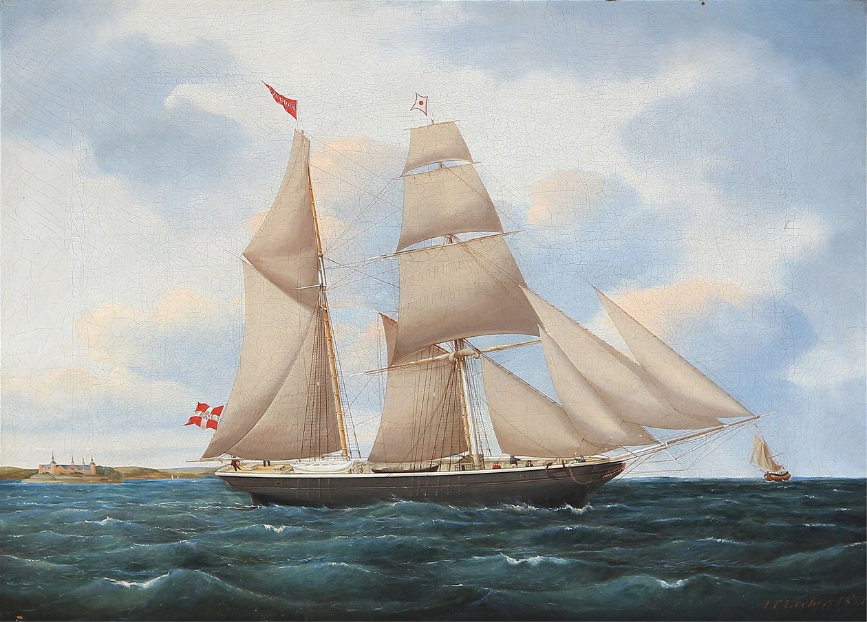 Seascape med et sejlskib Johanne med Kronborg i baggrunden af Jens Thielsen Locher