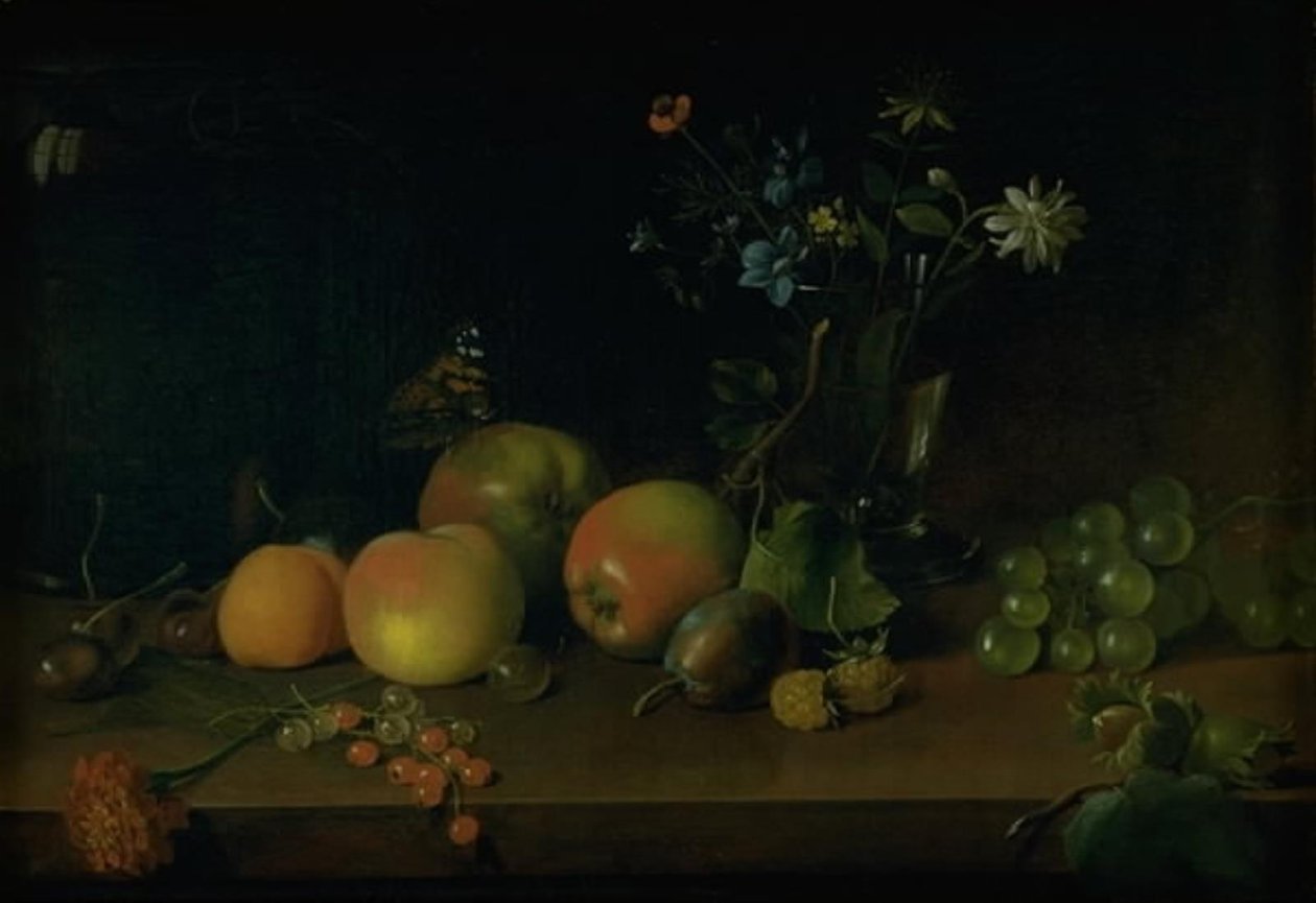 Blomster og frugt på et bord af Jens Juel