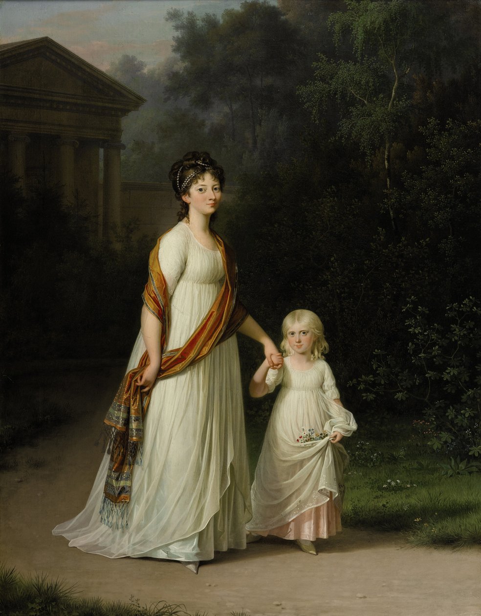 Kronprinsesse Marie Sophie Frederikke med datteren prinsesse Caroline spadserende i romantisk parkanlæg af Jens Juel