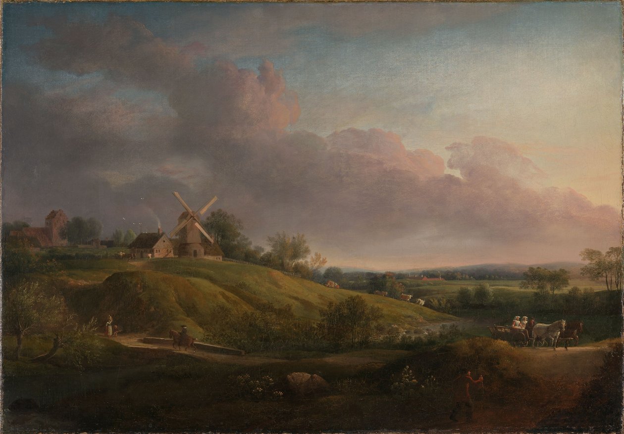 Landskab med en kirke og en mølle af Jens Juel