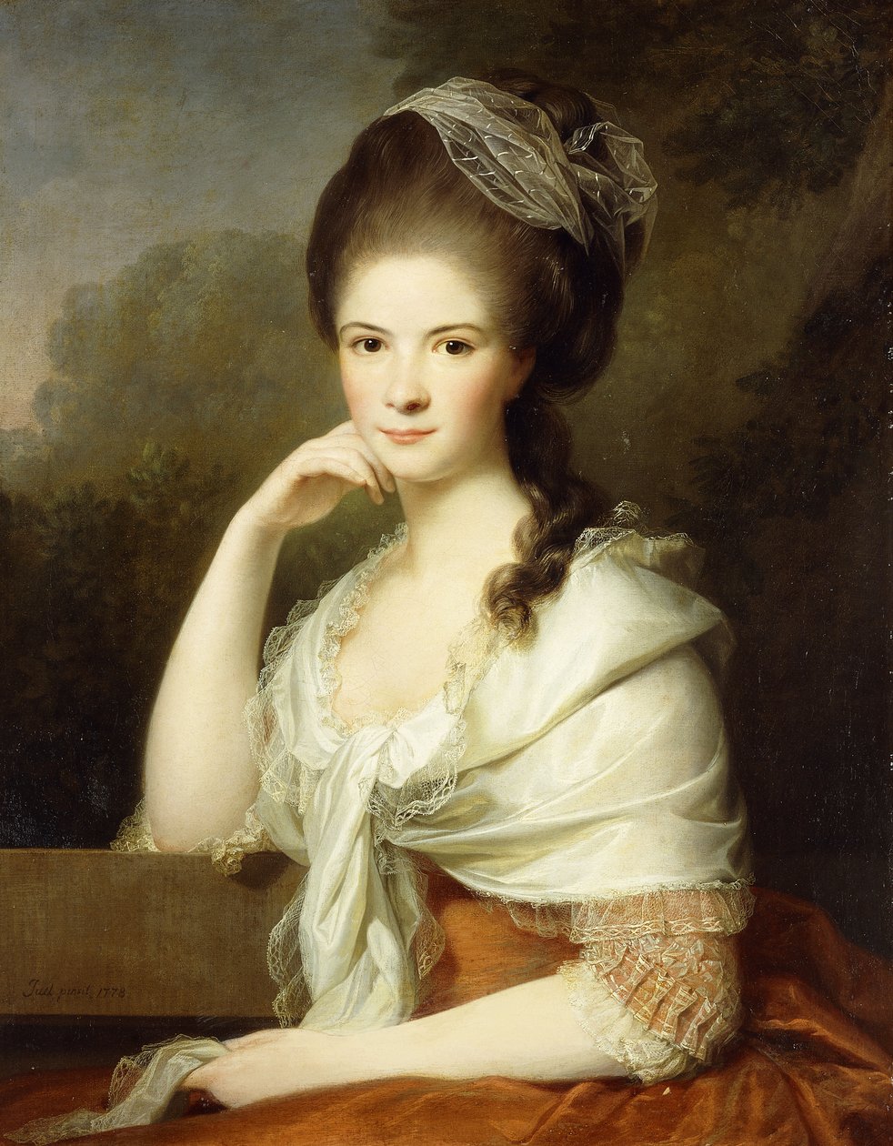Portræt af en dame, siddende i halv længde, iført en brun kjole og et hvidt sjal, 1778 af Jens Juel