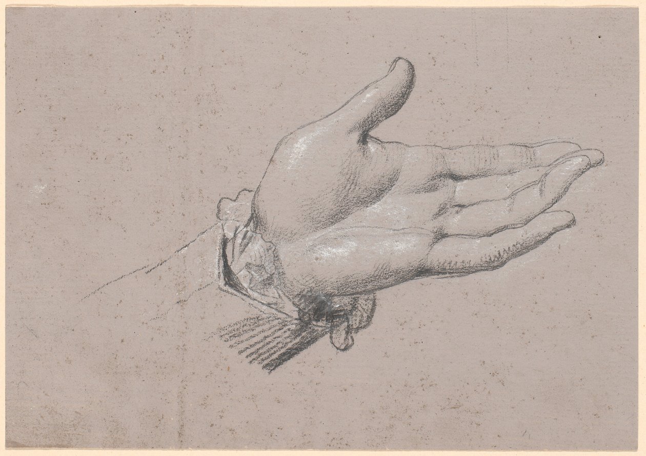 Studie af en venstre hånd, anvendt i helfigursportrættet af Frederik den sjette som Kronprins fra 1786 på Amalienborg af Jens Juel