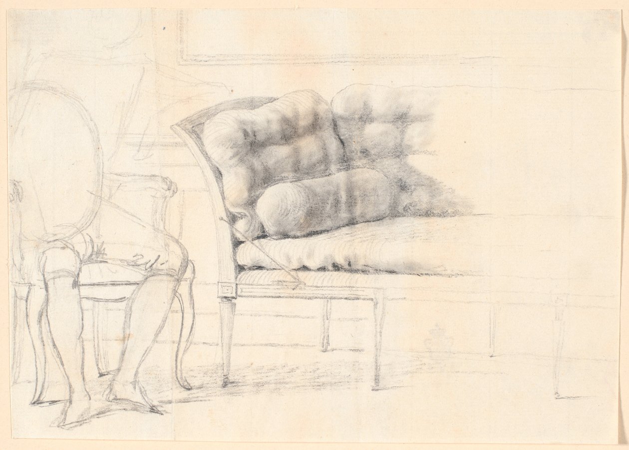 Studie til det Holmskioldske familiebillede fra 1787: den polstrede sofa, og til venstre en stol med Holmskiolds figur skitseret af Jens Juel