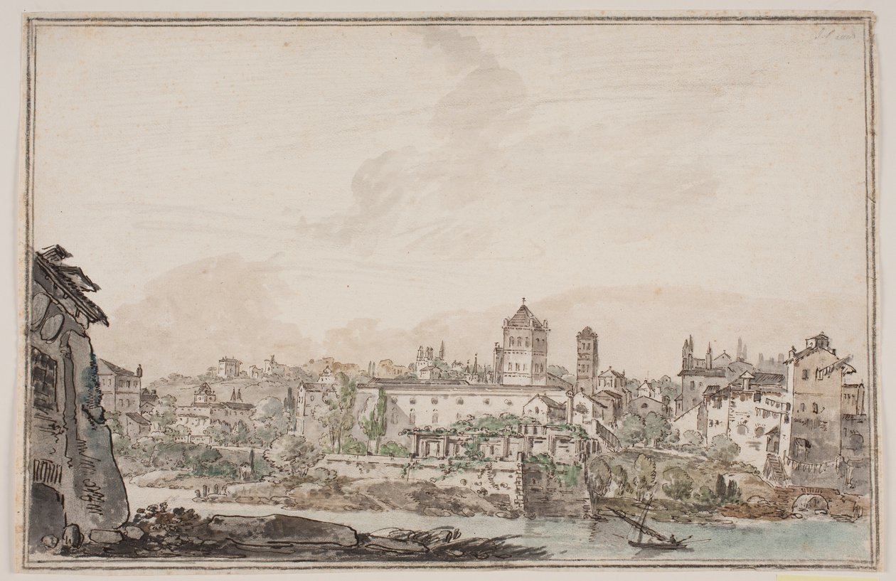 Byprospekt med huse og kirke ved flod. Antikkens Rom af Jens Petersen Lund