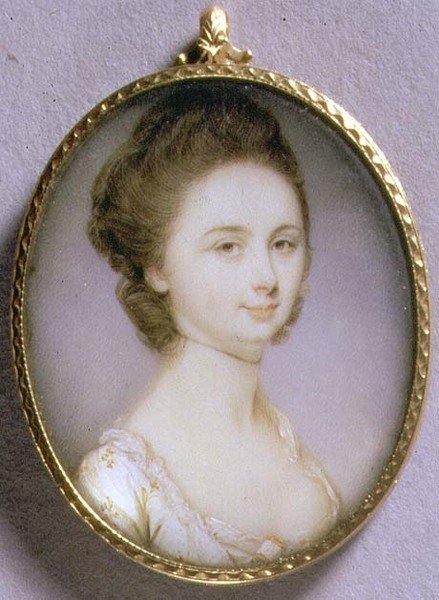 Portrætminiature af en dame i hvid kjole, ca.1780-85 (akvarel på elfenben) af Jeremiah Meyer
