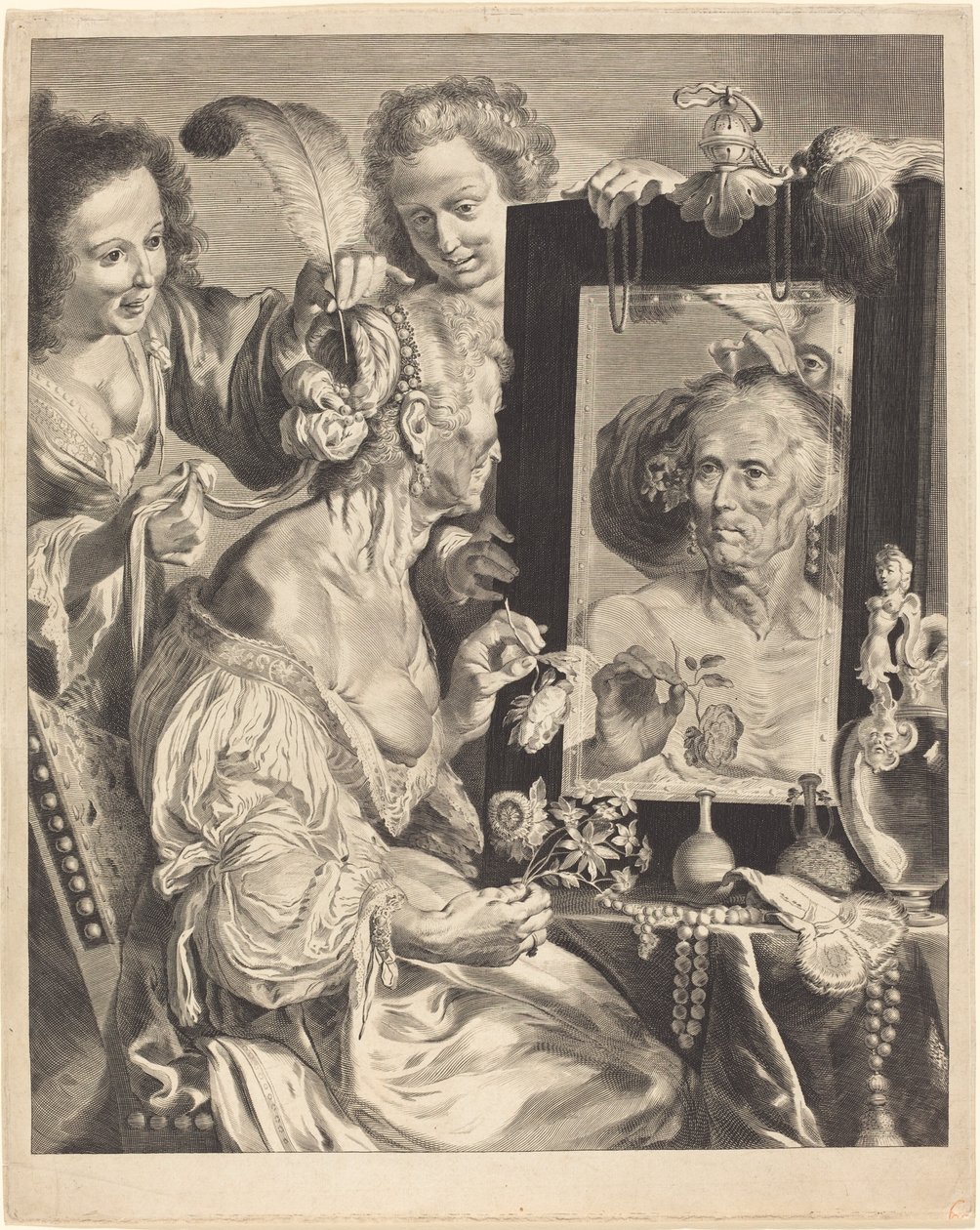 En gammel kvinde ved toiletbordet af Jeremias Falck after Johann Liss after Bernardo Strozzi