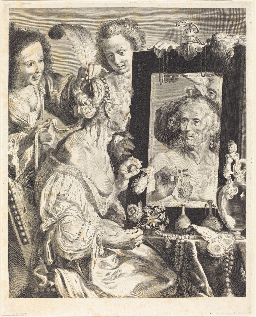 En gammel kvinde ved toiletbordet af Jeremias Falck after Johann Liss after Bernardo Strozzi