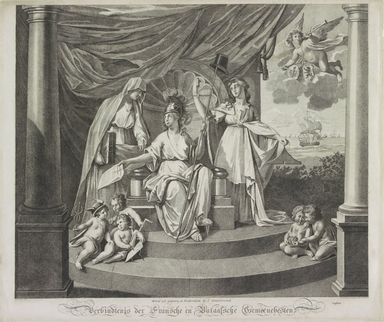 Allegori af Alliancen med Frankrig, 1795 Union of the French and Batavian Commonwealths (titel på objekt) af Jeremias Snoek