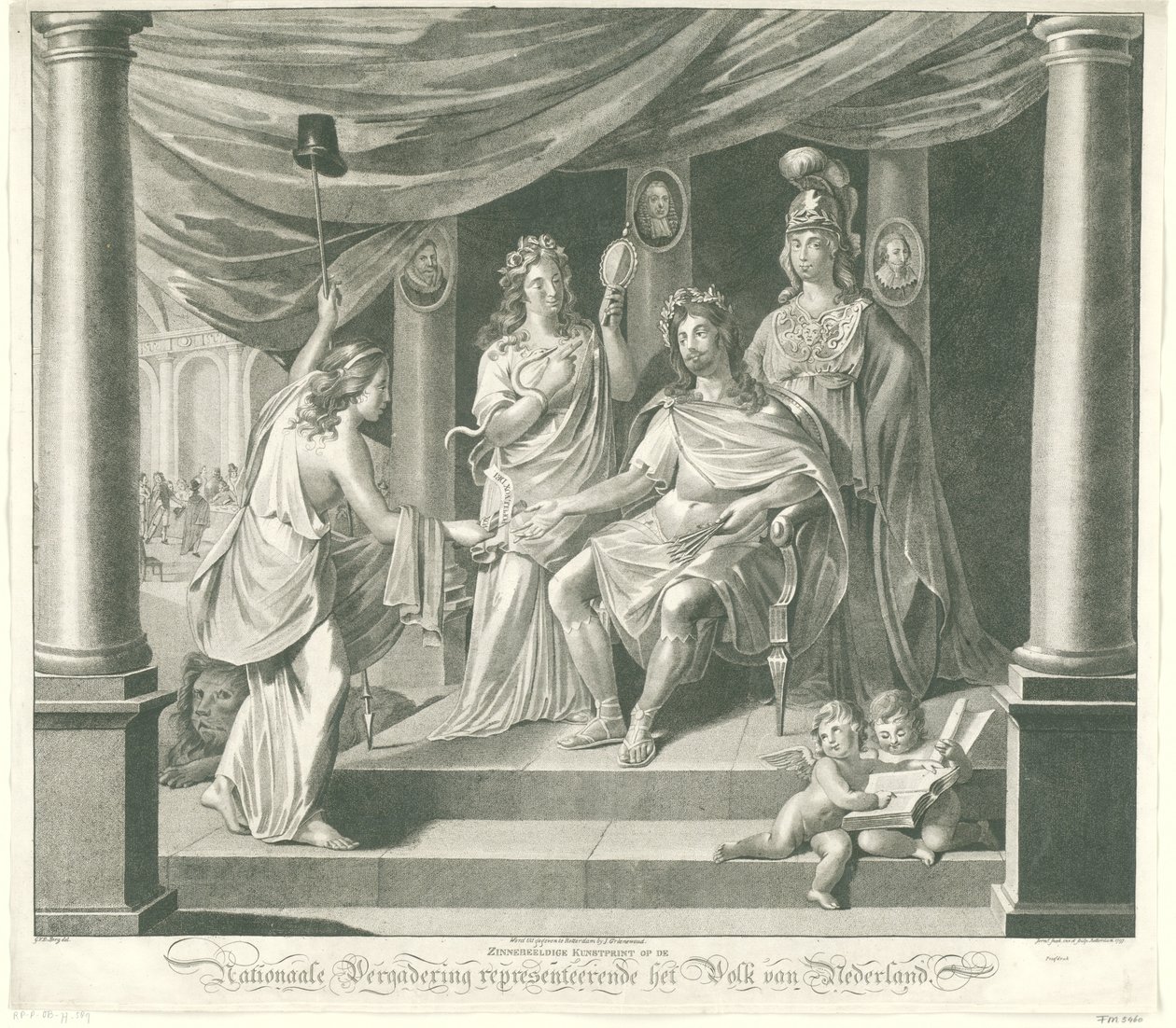 Allegori om nationalforsamlingen, 1796 Symbolsk kunsttryk på nationalforsamlingen, der repræsenterer folket i Holland (titel på objekt) af Jeremias Snoek