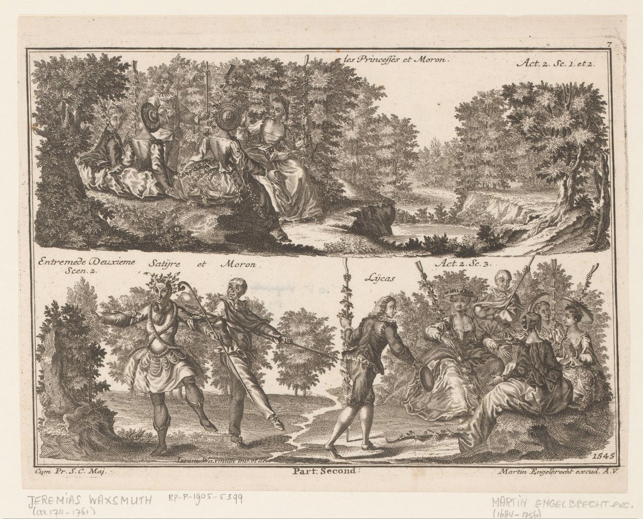 To teaterscener med figurer i et skovklædt landskab Les Princesses et Moron (titel på objekt) af Jeremias Wachsmuth