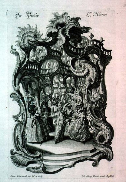 Vinter, rokoko nodeark, der forestiller en fancy dressball, pub. af Johann Georg Hertel af Jeremias Wachsmuth