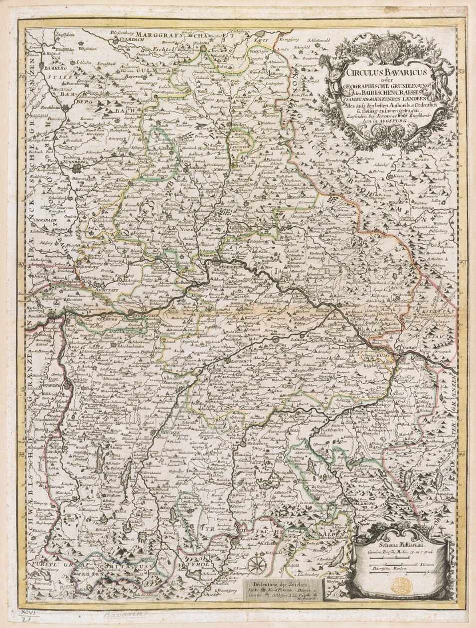 Kort over Bayern, ca. 1695 (farvet gravering) af Jeremias Wolff