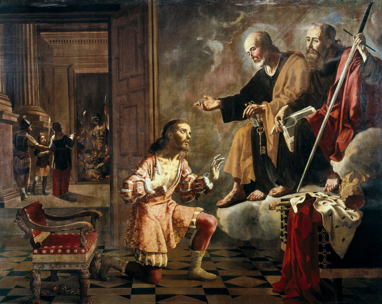 Da apostlene Sankt Peter og Sankt Paulus viste sig for den romerske kejser Konstantin I den Store (272-337), den første kejser, der konverterede til kristendommen af Jeronimo Jacinto Espinosa