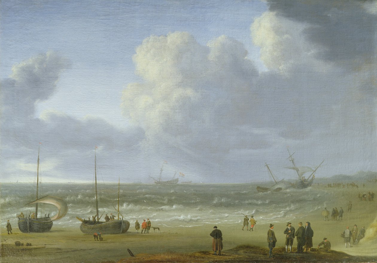 Skibe i en flodmunding med fiskere ved en mole af Jeronimus van Diest