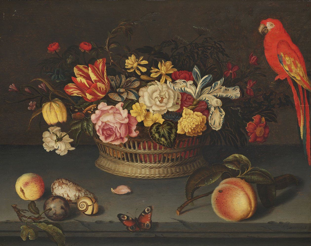 Stilleben med blomsterkurv og papegøje af Jeronimus Sweerts